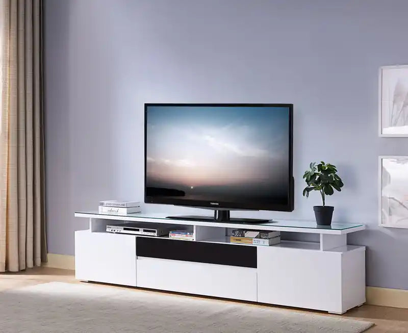 Meuble TV moderne 78" avec rangement et gestion des câbles pour TV jusqu'à 85" - Blanc