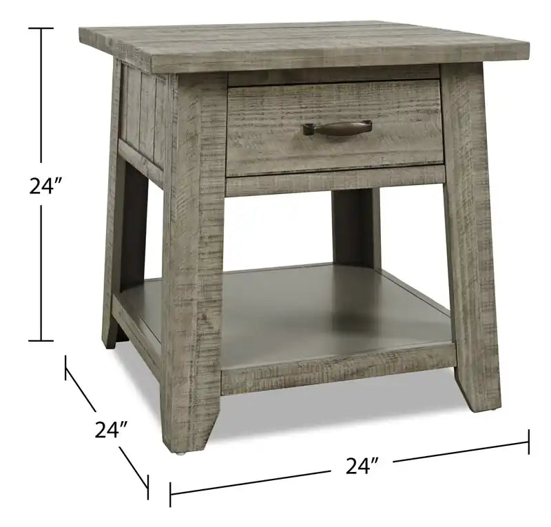 Table d'appoint rustique en bois flotté de 24 po avec tiroir et étagère inférieure ouverte
