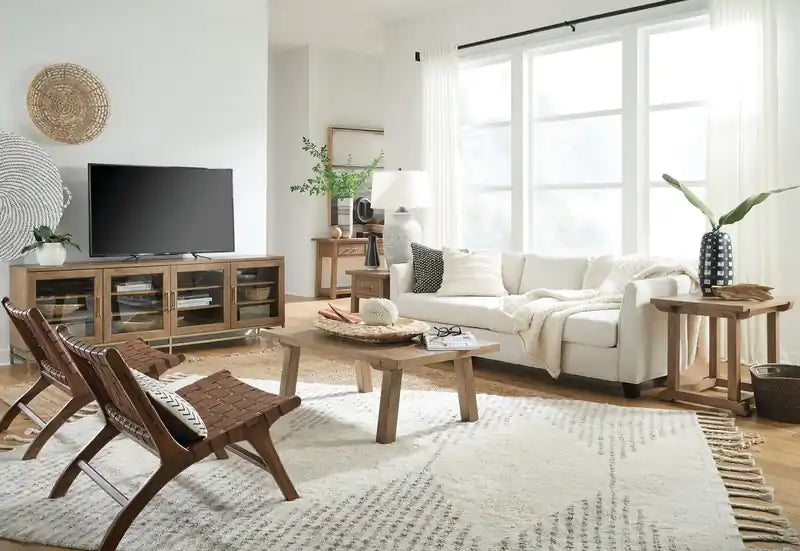 Meuble TV moderne 84 po en bois massif avec rangement et gestion des câbles pour téléviseurs jusqu'à 90 po - Belge