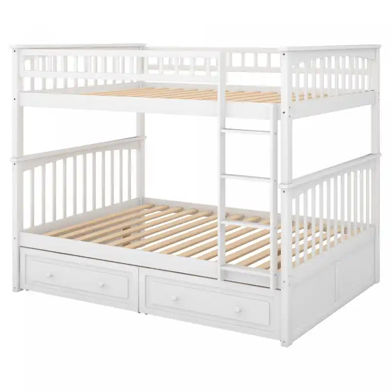 Brady Solid Wood Convertible Full Bunk Bed With Drawers - White Lit Superpose Convertible Brady En Bois Massif, Taille Double, Avec Tiroirs