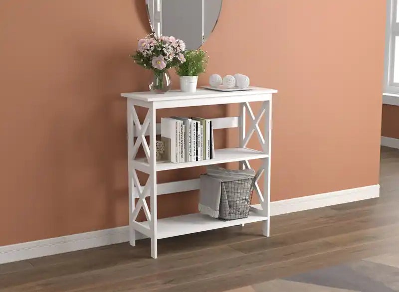 Console en X blanche de 32 po avec 2 étagères ouvertes