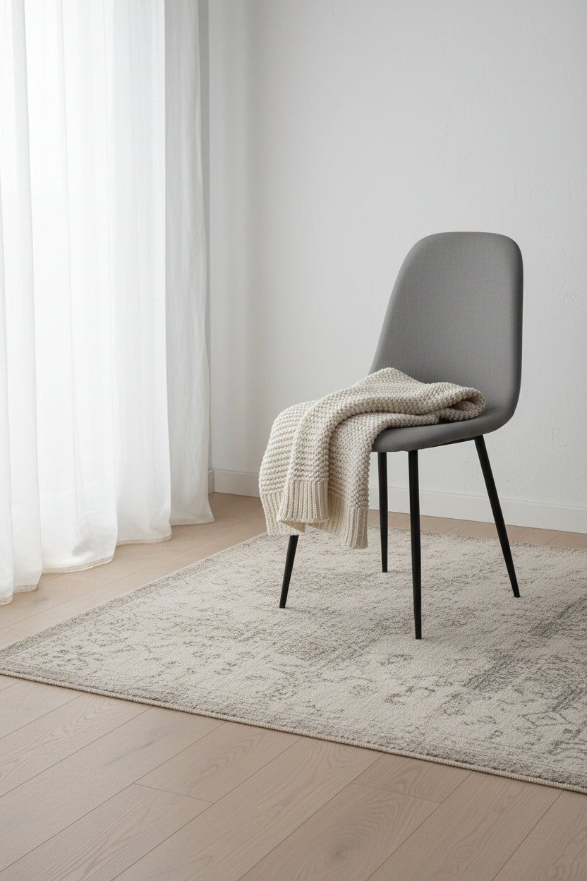 Dining Chair With Grey Fabric Seat And Sturdy Black Metal Base