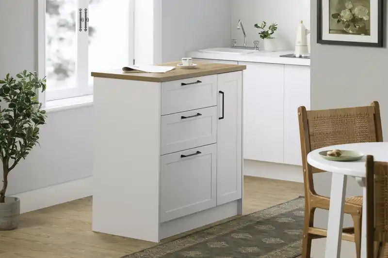 Îlot de cuisine 3 tiroirs avec porte - Blanc et Noyer muscade