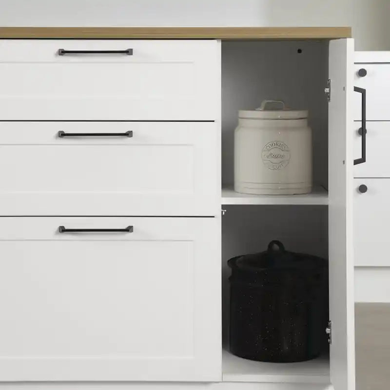 Îlot de cuisine 3 tiroirs avec porte - Blanc et Noyer muscade