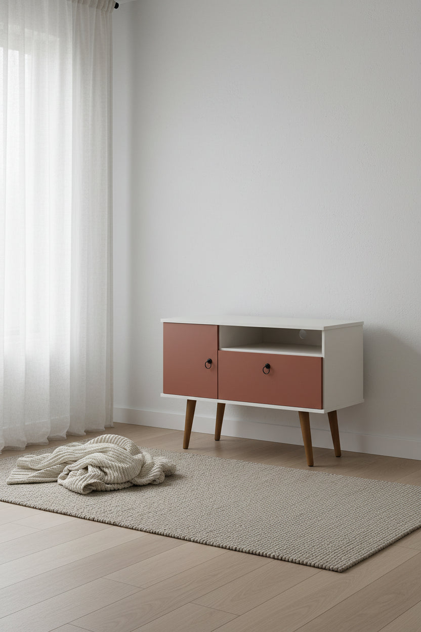 Manhattan Comfort Tribeca 35.43 Mid-Century Modern TV Stand with Solid Wood Legs - Off White & Terr