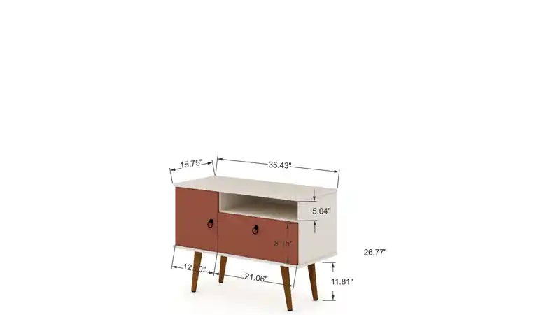 35.43 Meuble TV moderne du milieu du siècle avec pieds en bois massif - Blanc cassé et Terr