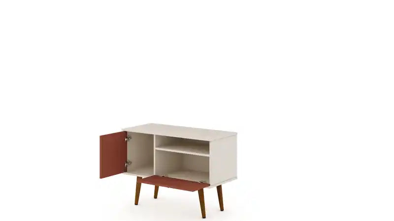 35.43 Meuble TV moderne du milieu du siècle avec pieds en bois massif - Blanc cassé et Terr