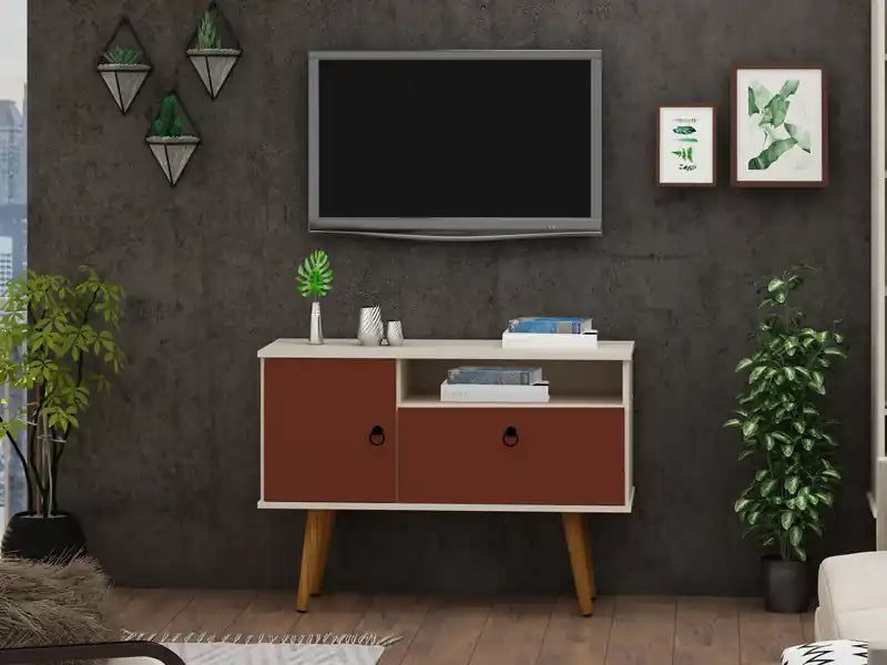 35.43 Meuble TV moderne du milieu du siècle avec pieds en bois massif - Blanc cassé et Terr