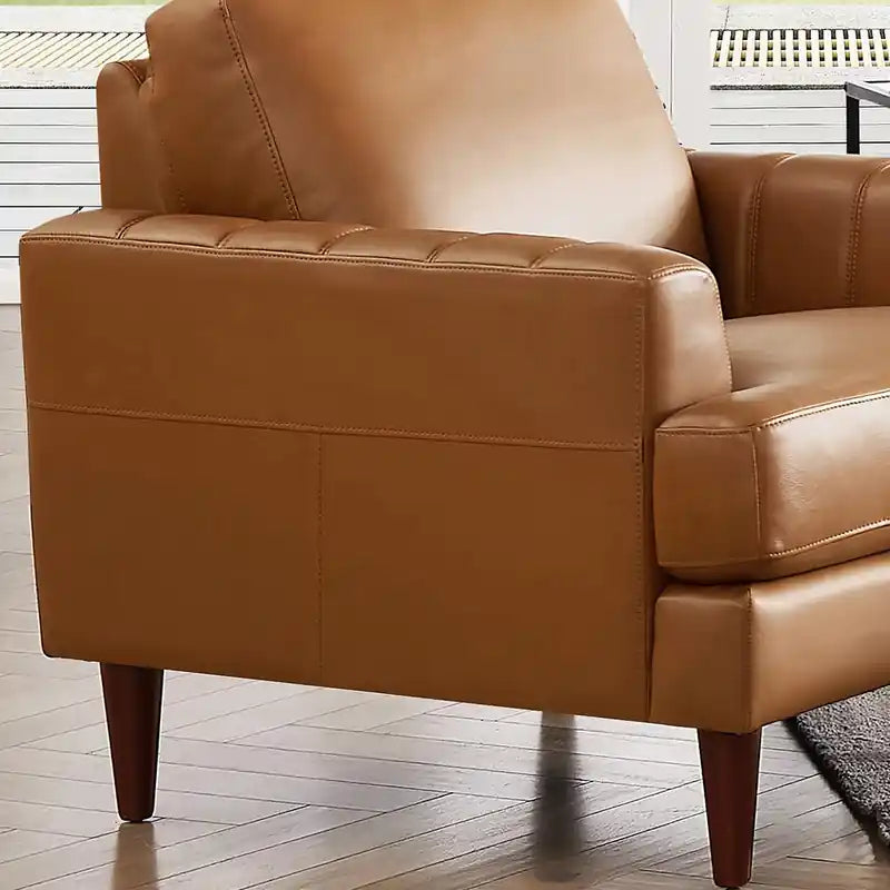 Fauteuil d'appoint en cuir Mid-Century Modern avec pieds en bois - Caramel