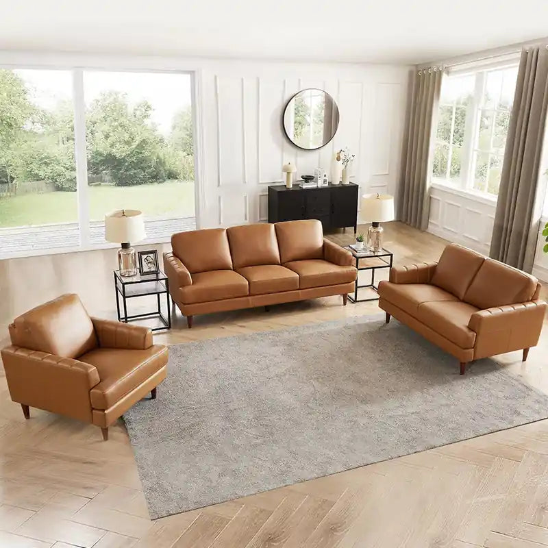Fauteuil d'appoint en cuir Mid-Century Modern avec pieds en bois - Caramel