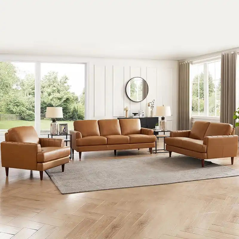 Fauteuil d'appoint en cuir Mid-Century Modern avec pieds en bois - Caramel