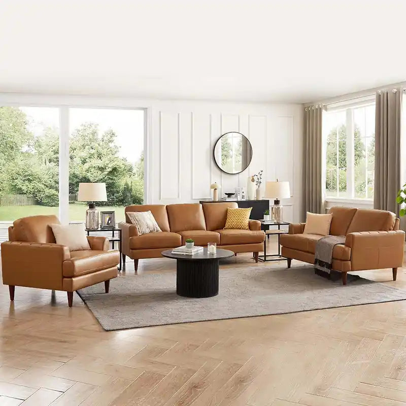 Fauteuil d'appoint en cuir Mid-Century Modern avec pieds en bois - Caramel