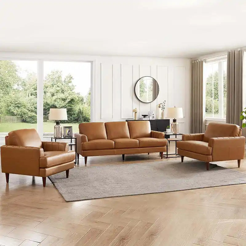 Fauteuil d'appoint en cuir Mid-Century Modern avec pieds en bois - Caramel