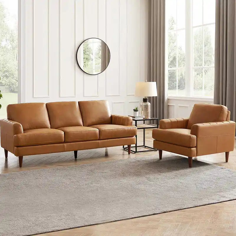 Fauteuil d'appoint en cuir Mid-Century Modern avec pieds en bois - Caramel
