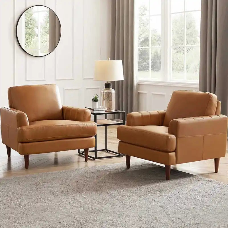 Fauteuil d'appoint en cuir Mid-Century Modern avec pieds en bois - Caramel