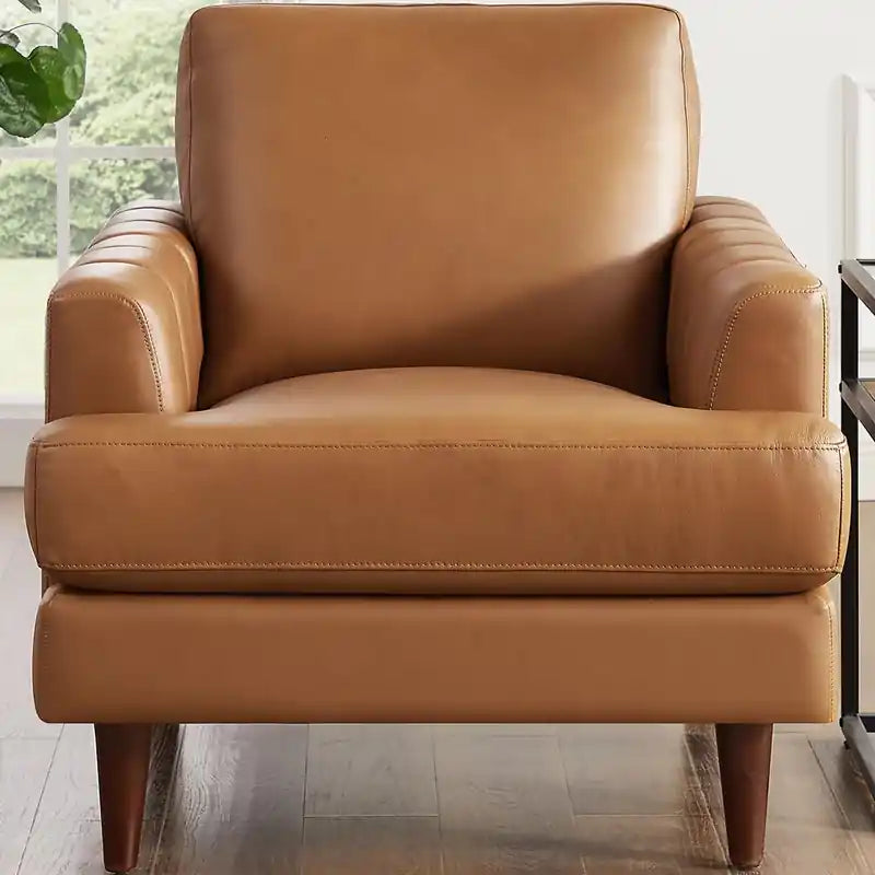 Fauteuil d'appoint en cuir Mid-Century Modern avec pieds en bois - Caramel