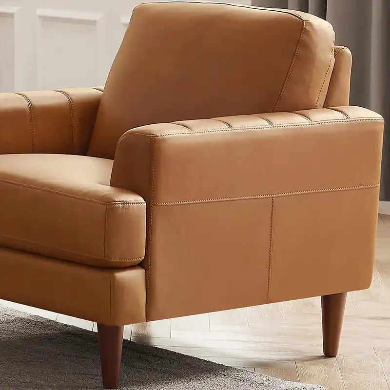 Fauteuil d'appoint en cuir Mid-Century Modern avec pieds en bois - Caramel