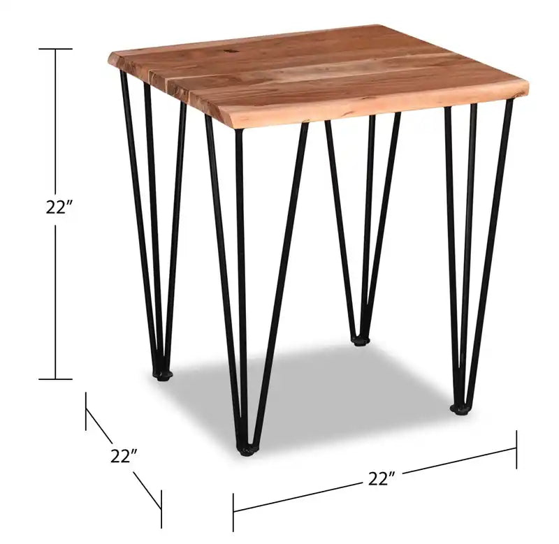 Table d'appoint rustique en bois d'acacia massif de 22 po avec pieds épingles noirs