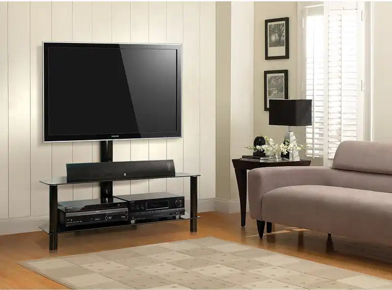Meuble TV moderne de 52 po avec rangement et gestion des câbles pour téléviseurs jusqu'à 60 po - Métal noir et verre
