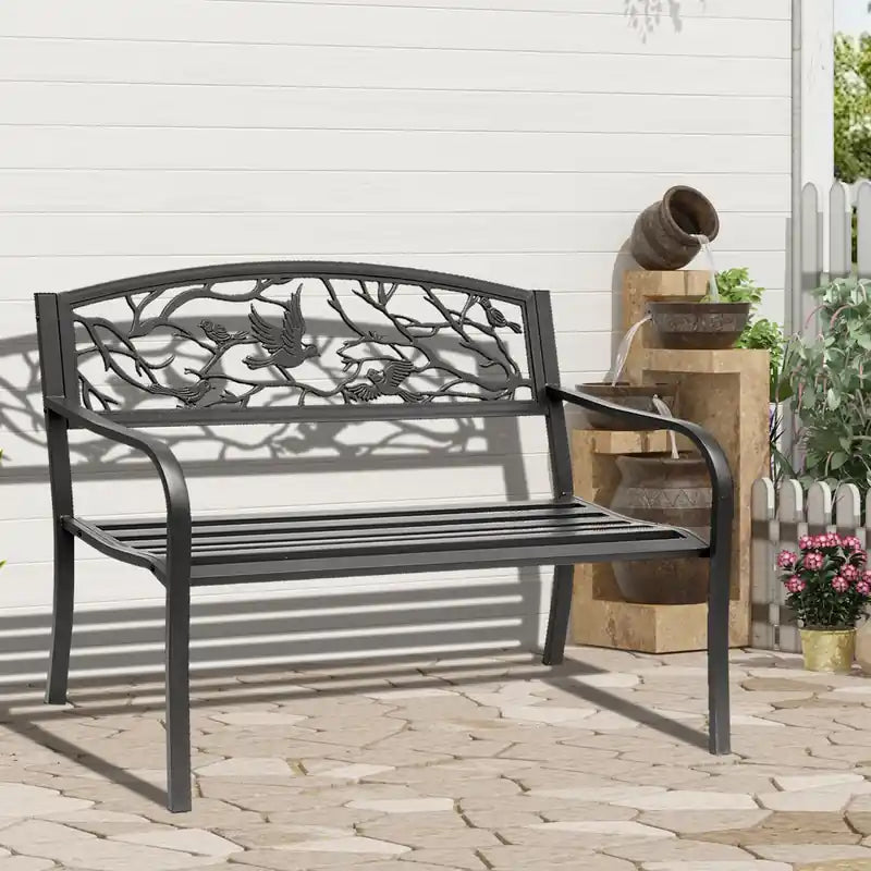 Banc de jardin extérieur en métal de 50 po avec motif d'oiseau vintage