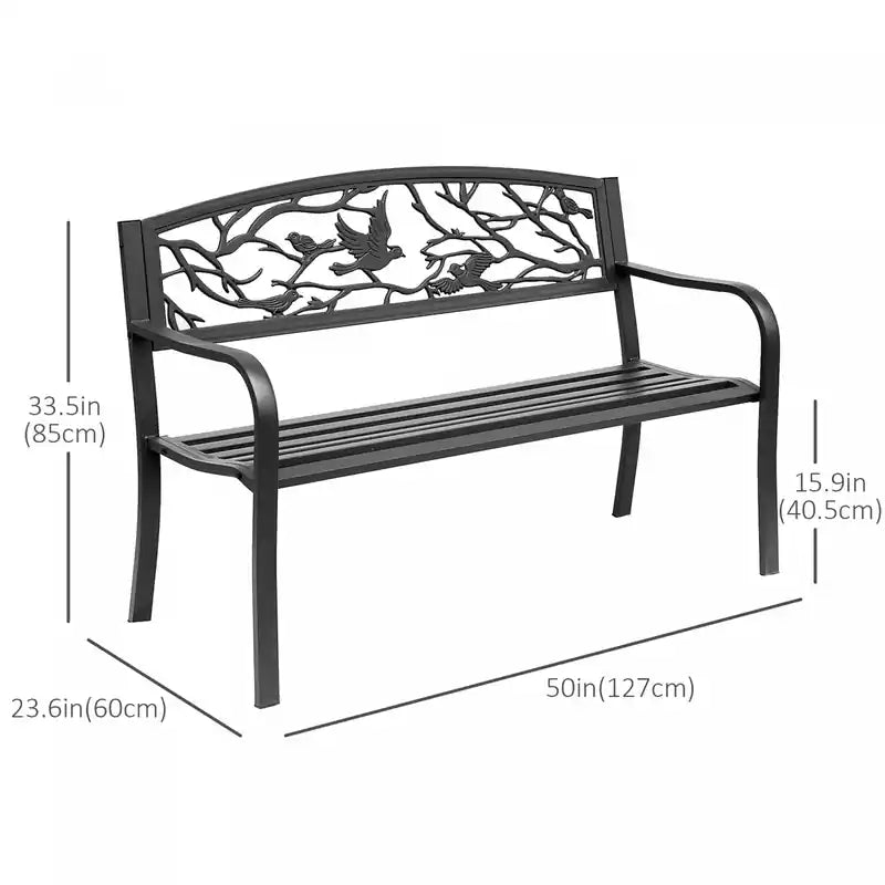 Banc de jardin extérieur en métal de 50 po avec motif d'oiseau vintage