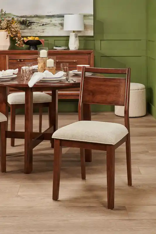 Chaise de salle à manger en tissu polyester, bois, dossier à barreaux - Marron et beige