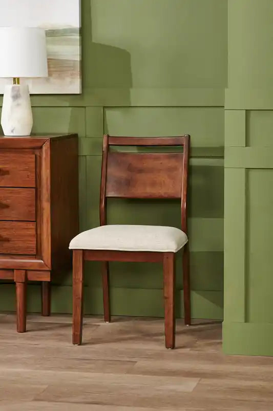 Chaise de salle à manger en tissu polyester, bois, dossier à barreaux - Marron et beige