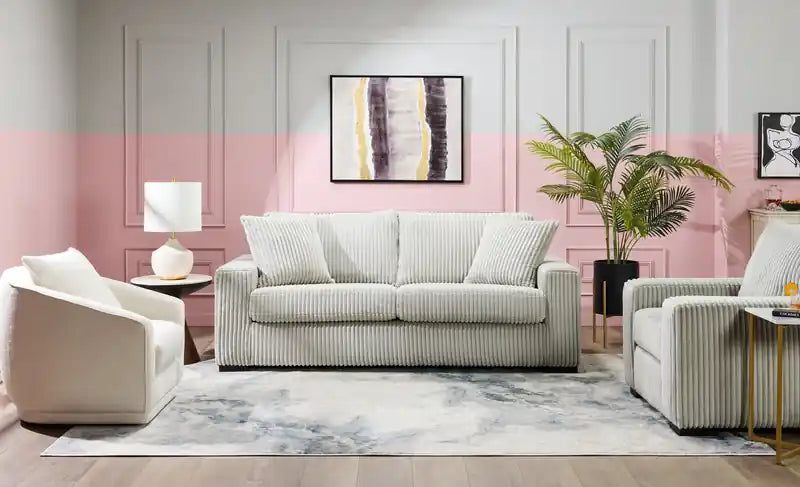 Canapé 87 en tissu gris clair avec accoudoirs droits et coussins d'assise et de dossier réversibles